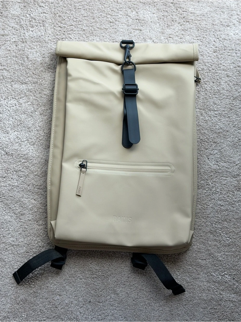 Rains Rolltop Rucksack Backpack in Beige with Black Trim